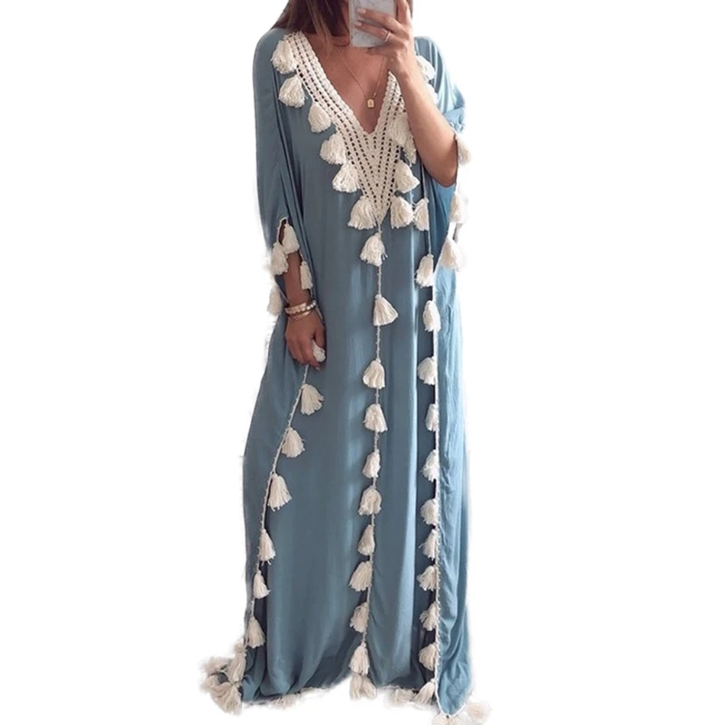 Womens Arabic Islamic Dubai Kaftan Half Sleeve Sexy Deep V-Neck Muslim Maxi  Long Robe Dress Tassels Trim Turkey Casual Loose Up - AliExpress