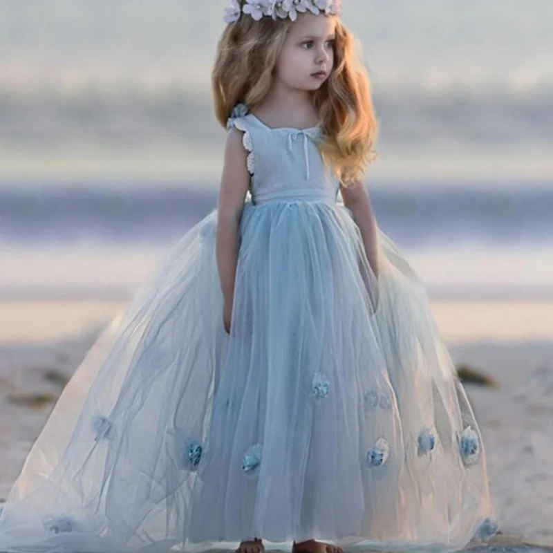 

Light Blue Elegance Flower Girl Dresses Sleeveless Tulle Applique Lovely Birthday Dresses First Communion Party Fluffy Dresses