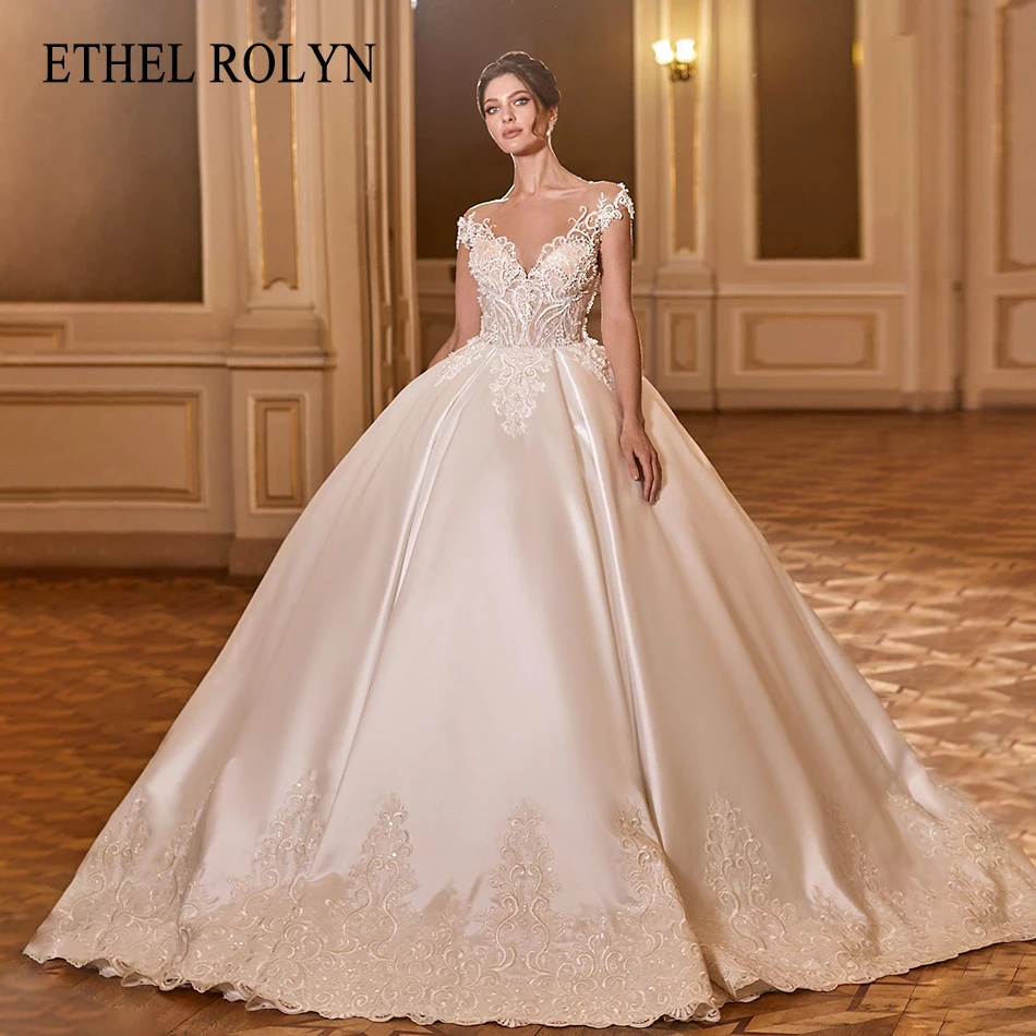 

ETHEL ROLYN A-Line Wedding Dress 2022 Delicate Beaded Appliques V-Neck Satin Bride Lace Up Backless Luxury Princess Bridal Gown