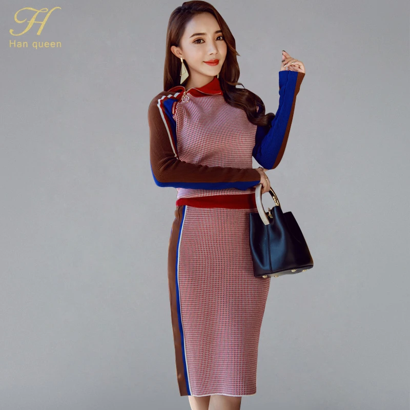 

H Han Queen Vintage Turtle-neck Knitted 2 Pieces Set Women 2019 Winter Hit Color Pullover Sweater & Elastic Sheath Bodycon Skirt