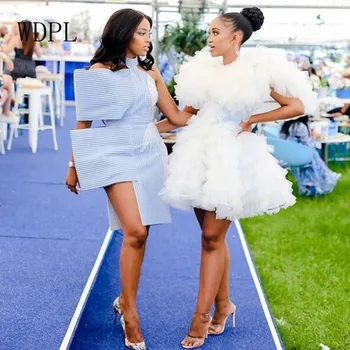 

Custom Made White Tiered Prom Dresses Puffy Party Gowns Short robe de soiree Evening Wear Dress With Sleeves vestido de curto