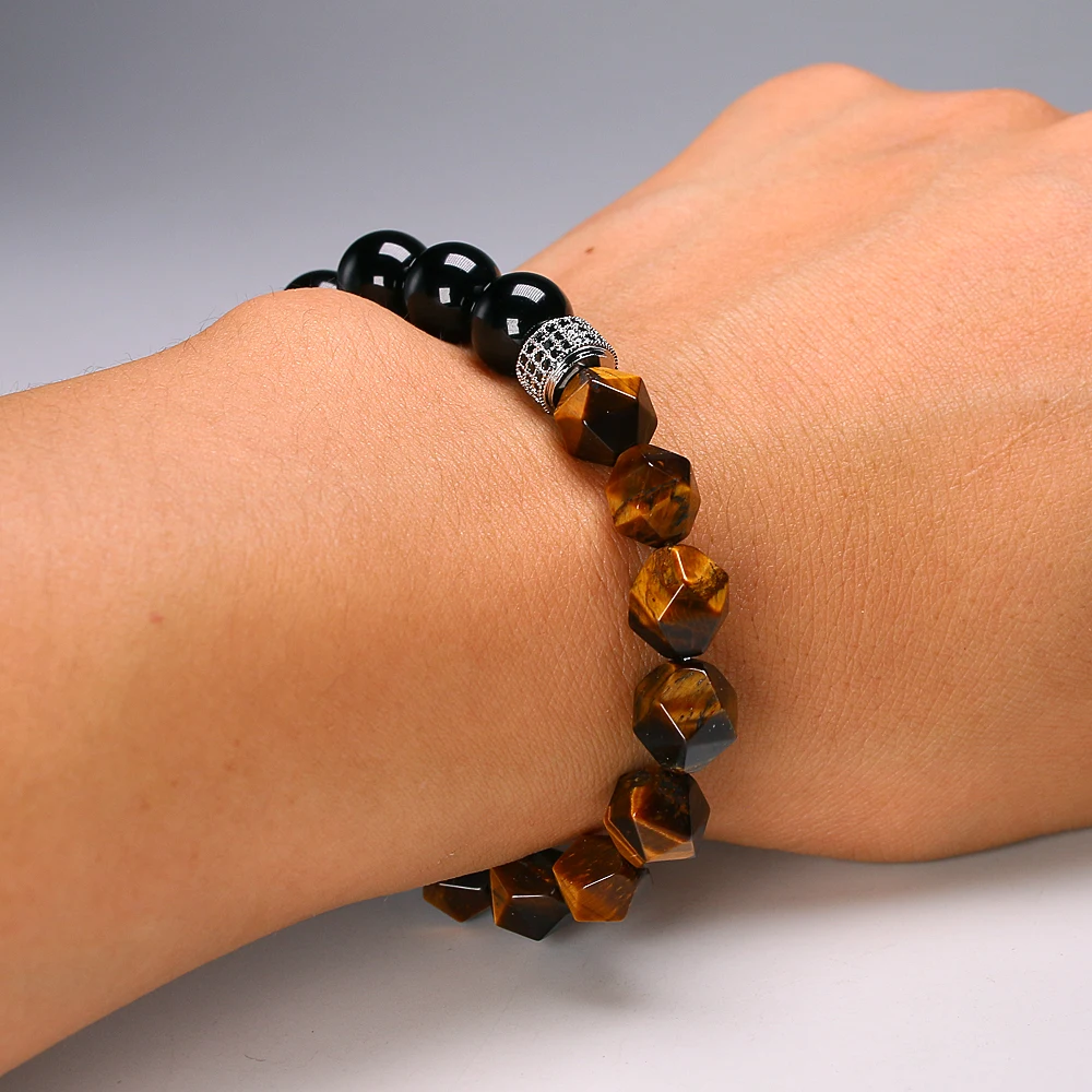 New Men Bracelet Beads Faceted Natural Tiger’s eye Stone Micro Inlaid Charm CZ Bracelets 10MM Men’s Gift Dropship