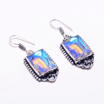

Genuine Rainbow Fire Topaz Earrings Silver Overlay over Copper , Hand made Women Jewelry Gift, E5541