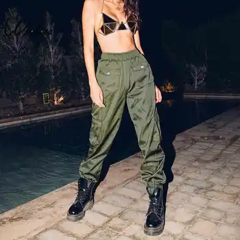 

Pockets Patchwork Cargo Pants Women High Waist Streetwear Pencil Pants Women Fashion Elastic Waist Joggers Trousers
