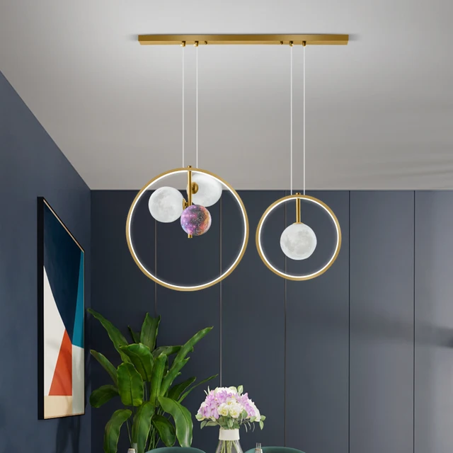 Modern Dinning Room LED Lamp Nordic Bedroom Pendant Lamp With 3D Printing Moon Ball Home Indoor Pendant Lighting /Light Fixture LED Lights Lighting e607d9e6b78b13fd6f4f82: 1 head black|1 head gold|3 head black|3 head gold|4 head black|4 head gold