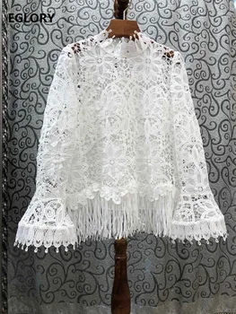 

Tassel Blouses 2020 Spring Summer Casual Sexy Tops Women Allover Crochet Lace Embroidery Long Sleeve Sexy White Apricot Blouses