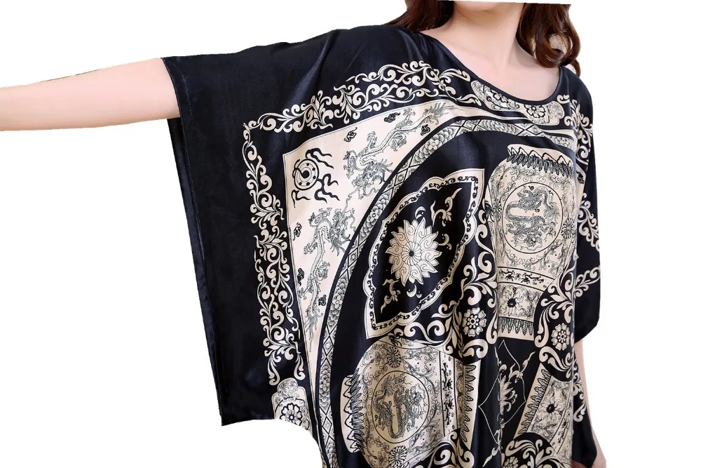 Plus Size Summer Women Faux Silk Nigh Robe Black Lady Bath Gown Nightgown Bathrobe Sleepwear Mujer Pijama Flower Zh07C women sleepwear sleepwear pajamas silk robe