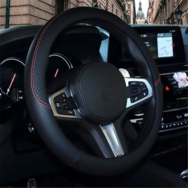 Black Чехлы рулевого колеса автомобиля 38 см четыре сезона универсальный кожаный чехол на руль автомобиля Противоскользящий авто аксессуары - Название цвета: Black