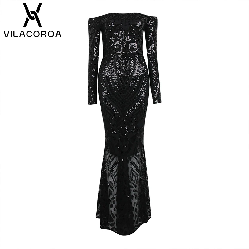 Черное сексуальное кружевное платье макси с блестками и рыбий хвост, женское платье с вырезом лодочкой и длинным рукавом, женские платья для вечеринок, Vestidos De Festa, белое длинное платье