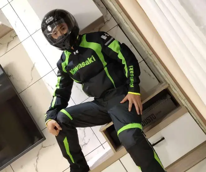 

One set Motorcycle jacket with pants for kawasaki Racing team drop resistant trousers with Warm Lining windproof waterproof iii