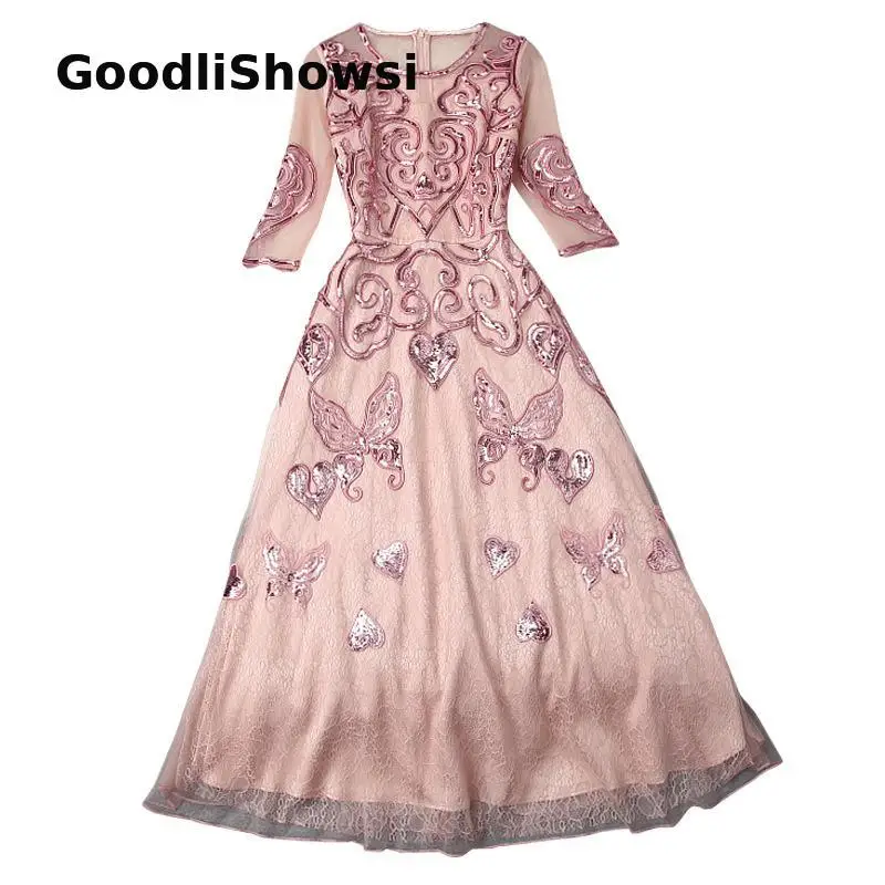 GoodliShowsi, сказочное, милое, женское, официальное платье, с блестками, с вышивкой, о-образный вырез, 3/4 рукав, элегантное платье, кружево, пэтчворк, сетка, длинное платье