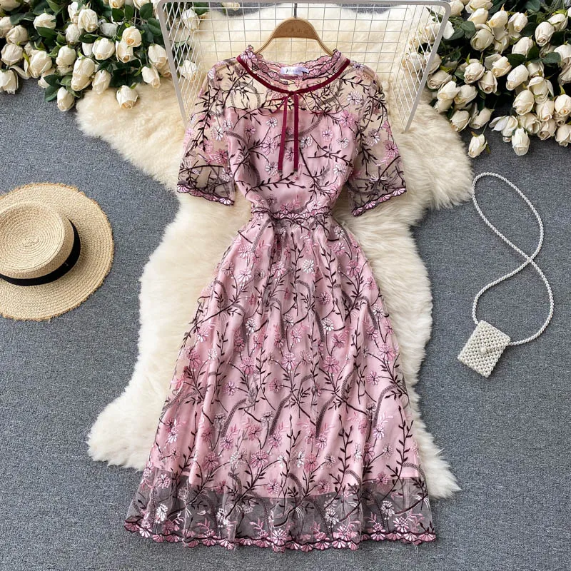 2021 Fashion Runway Summer Flower Dress Women's Flare Sleeve Bow Collar  Floral Embroidery Elegant Mesh Hollow Out Midi Vestidos