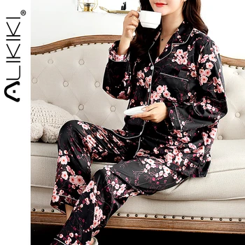 

Satin Silk Pajamas for Women's Set pyjamas Button Pigiama Donna pjs Winter Mujer Pijama Sleepwear Nightwear Pizama Damska 2Pcs