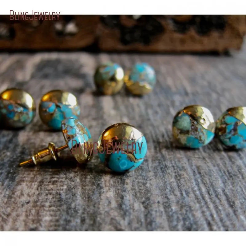 

Round Turquoises Studs Earrings Turquoises Jewelry Raw Stone Studs Gold Everyday Earrings Gold Stud ER27809