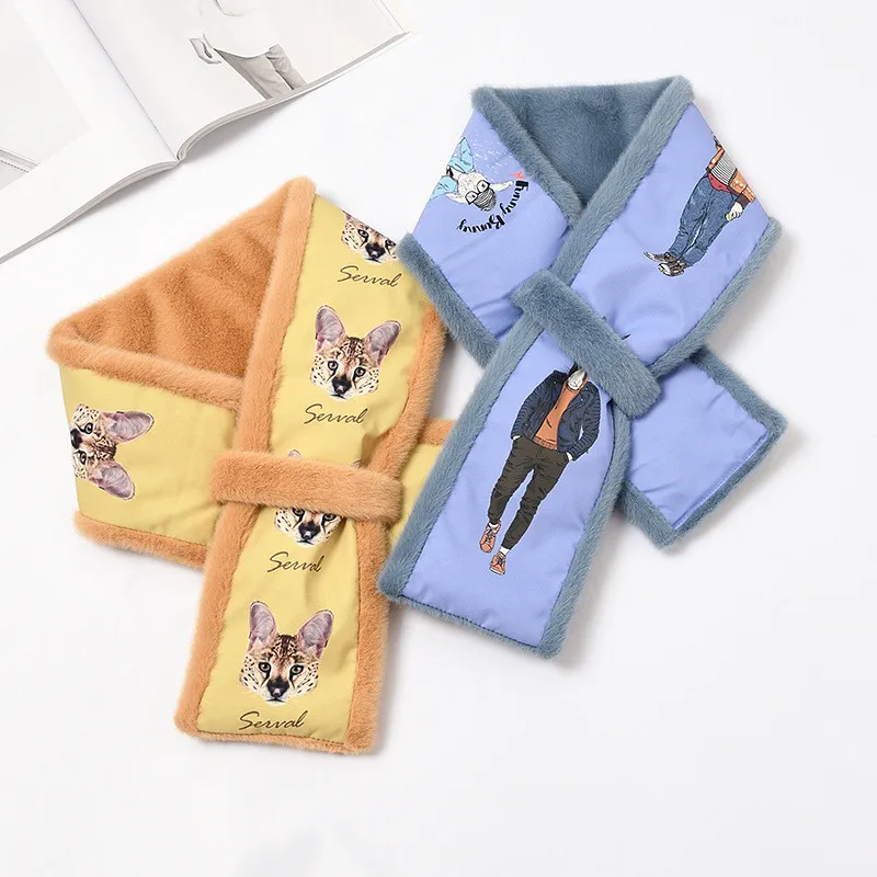 Cartoon Animal Print Scarf Women Sweet Splicing Color Faux Fur Plush Cross Thick Scarf Girls Elegant Fluffy Winter Warm Scarves