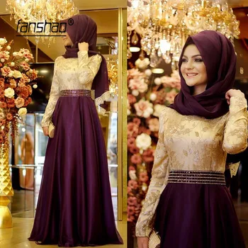 

Purple Muslim Evening Dresses Satin A-Line Appliques Beads Scarf Dubai Saudi Arabic Evening Gown Prom Dress