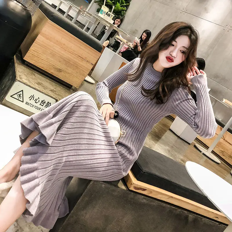 

Knitted Sweater Dress Long Sleeve Women's Autumn Winter Slim Solid Long Ruffles Dresses Bodycon Basic Long Dress CC310