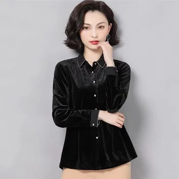 

Fall Spring Woman Feamel Long Sleeve Black Velvet 3xl Tops Blouses , Women Clothing , Womens Korean Velour Blouse Shirt