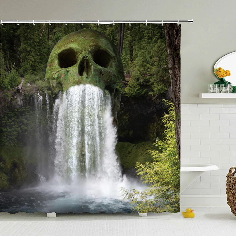 

Forest Trees Waterfall Shower Curtains,Skull Funny Bath Screen Waterproof Bathroom Curtains with Hooks Shower Curtain for Home