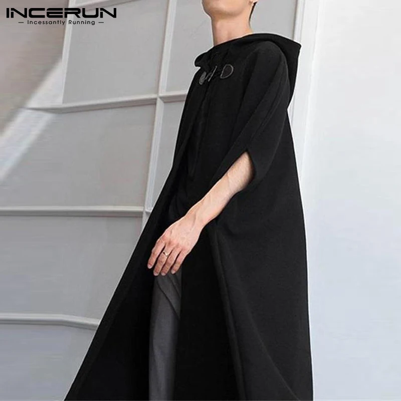 New Men's Fashion Korean Style Single-breasted Cloak Coat Solid Color Autumn Winter Cape Hooded Poncho Coat S-5XL INCERUN 2021