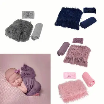 

3PCS Newborn Photography Props Toddler Photo Blankets Headband Long Ripple Wrap 23GD
