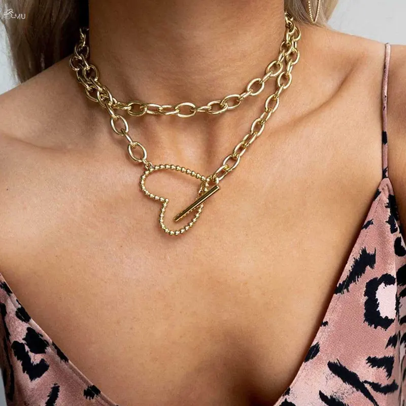 

AOMU Fashion New Boho Metal Heart Double Layer Necklace For Women Alloy Geometric Rectangle Necklace Chain Jewelry