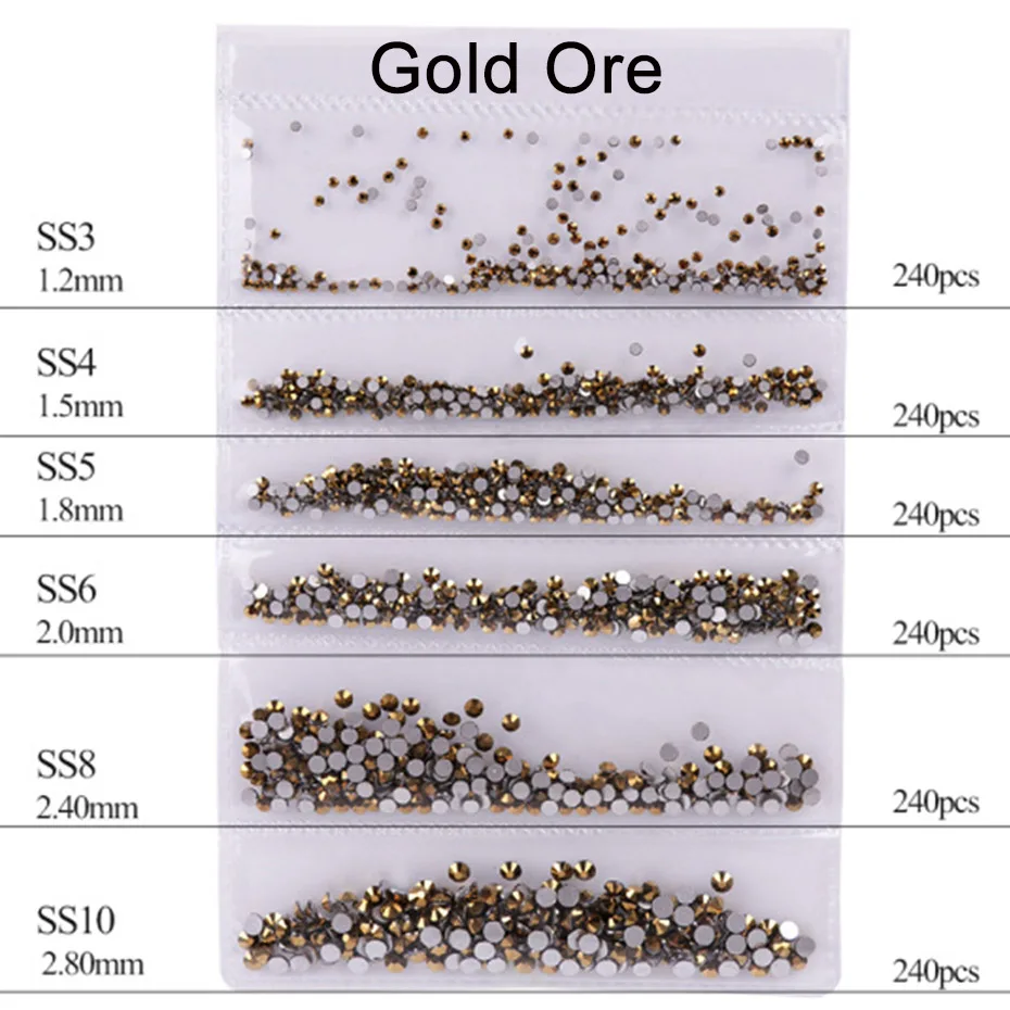 1440 шт голографическое искусство ногтей Стразы SS3-SS10 смешанные размеры плоское с оборота стекло белое AB пламя Кристалл Камень Дизайн ногтей украшения JI880 - Цвет: Gold Ore