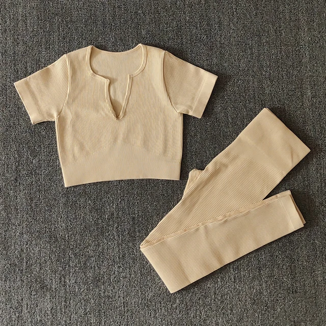 2/4/6PCS Seamless Women Yoga Set Workout Sportswear Fitness Bra Sport Pants Gym Clothing High Waist Leggings Shorts Sports Suits Beige