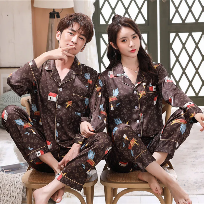 

2020 chun xin Imitated Silk Fabric Couples Pajamas Printed Long Sleeve Two-Piece Set Artificial Silk Cartoon Men And Women Home