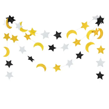 

Glitter Moon Star Bunting Banner Islamic Festival Gold Black Paper Garland Door Hanging Decor Eid Mubarak al-fitr Party Supplies