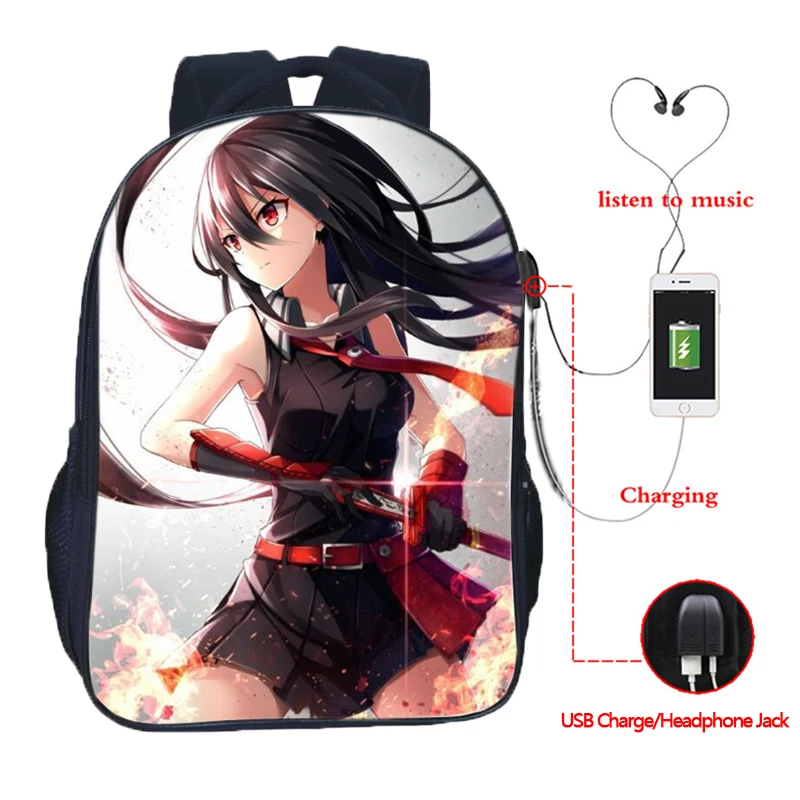 Akame Ga Kill! Usb Charge School Mochila Students Teens Double Pocket Backpack Fashion Men Women Travel Shoulder Rucksack
