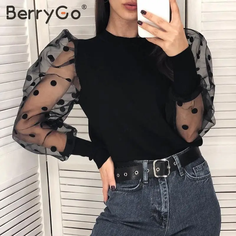 BerryGo, Лоскутная, в горошек, вязанная блузка для женщин, вечерние, Клубные, тонкие, с пышными рукавами, женские топы, элегантные, Осень-зима, женские топы, рубашка