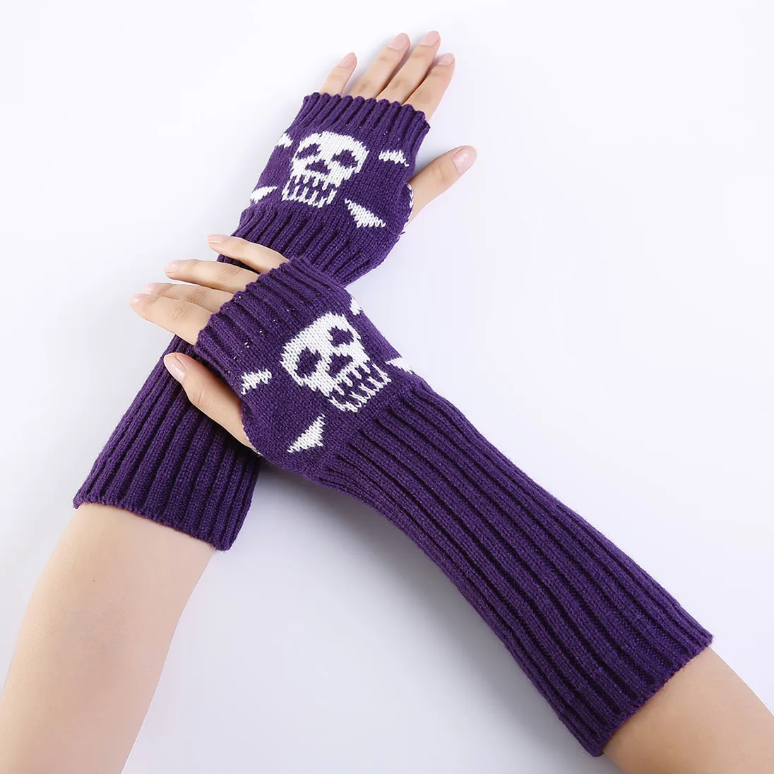Winter New Style Jacquard Skull Fingerless Half Finger-Style Warm Gloves Men's Women's Knit Ski Gloves