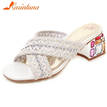 

KARINLUNA Female Brand Classic Fashion Rivet Handmade Pumps Open Toe Slip On High Heels Women Pumps Classic Women Shoes