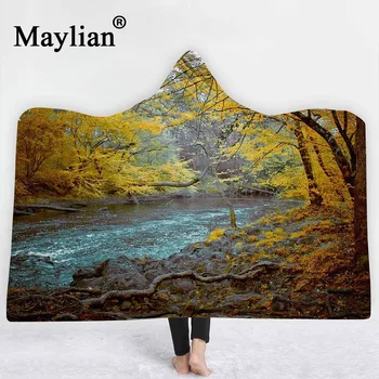

Landscape Hooded Blanket for Adults Floral Sherpa Fleece Wearable plush Throw Blanket on Bed Sofa Thick warm B46