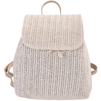 

Fashion Straw Woven Backpack Ladies Shoulder Bag Summer Girl Backpack Female Travel Bag Books Backpack Beige