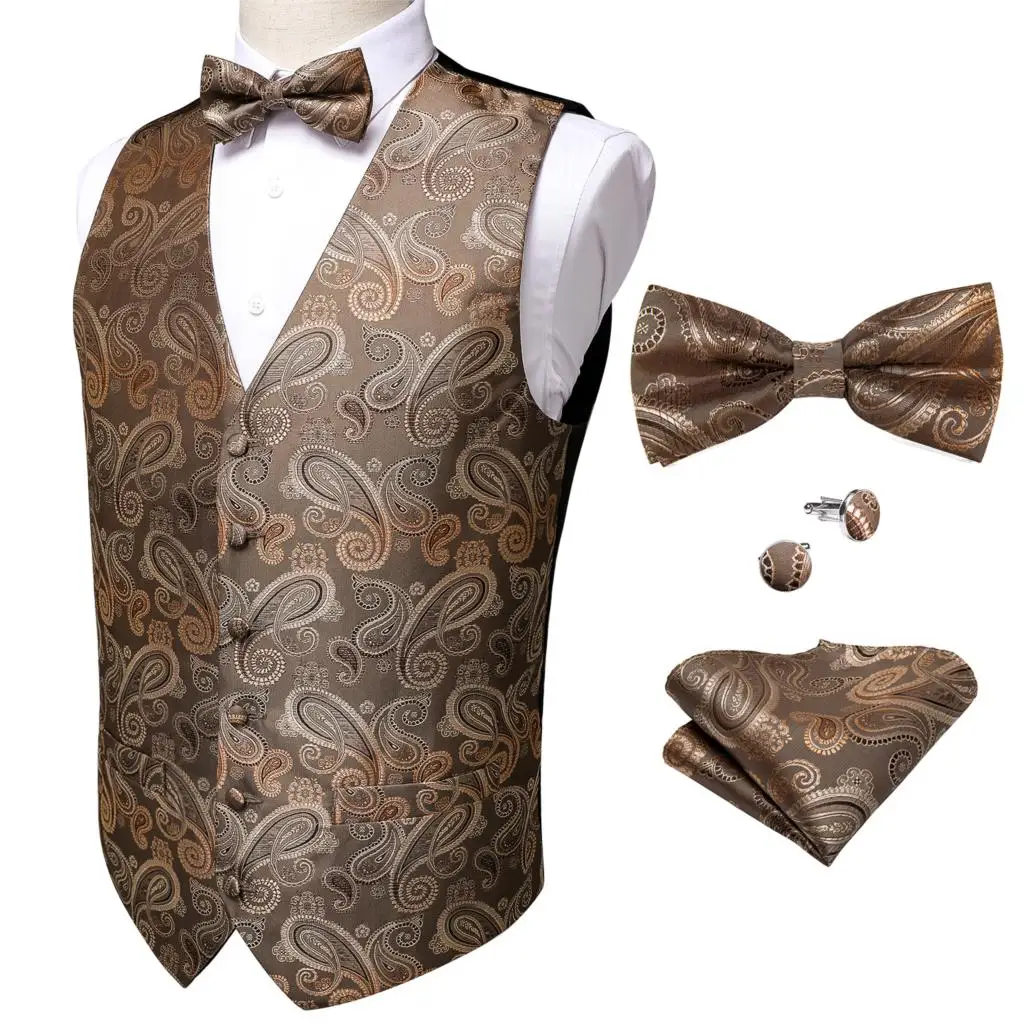 

Men's Suit Vest Paisley Jacquard Waistcoat Vest Silk Vest Party Wedding Bowtie Brown Vest Bowtie Set Tuxedo Waistcoat DiBanGu
