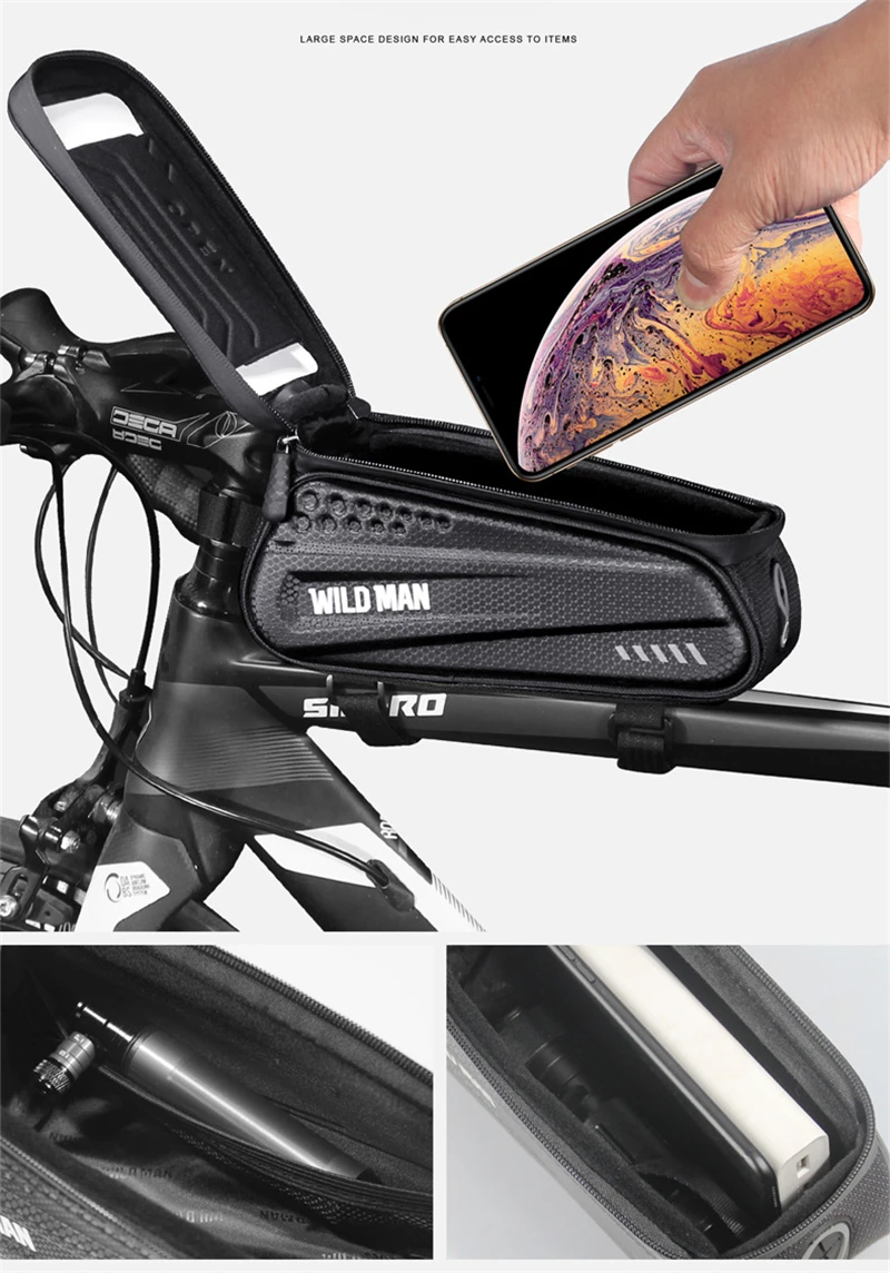 Clearance WILD MAN Hard Shell Bicycle Bag 6.2" Reflective Rainproof Touch Screen Phone Case Bag Bike Top Tube Bag Cycling Accessories 20