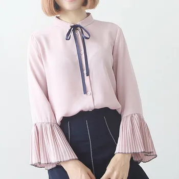

Blouse Femme 2019 Autumn New Fashion Shirt Ladies Kroea Sweet Bow Petal Sleeve Turn-Down Collar Blouse Casual Loose Pink Blouse