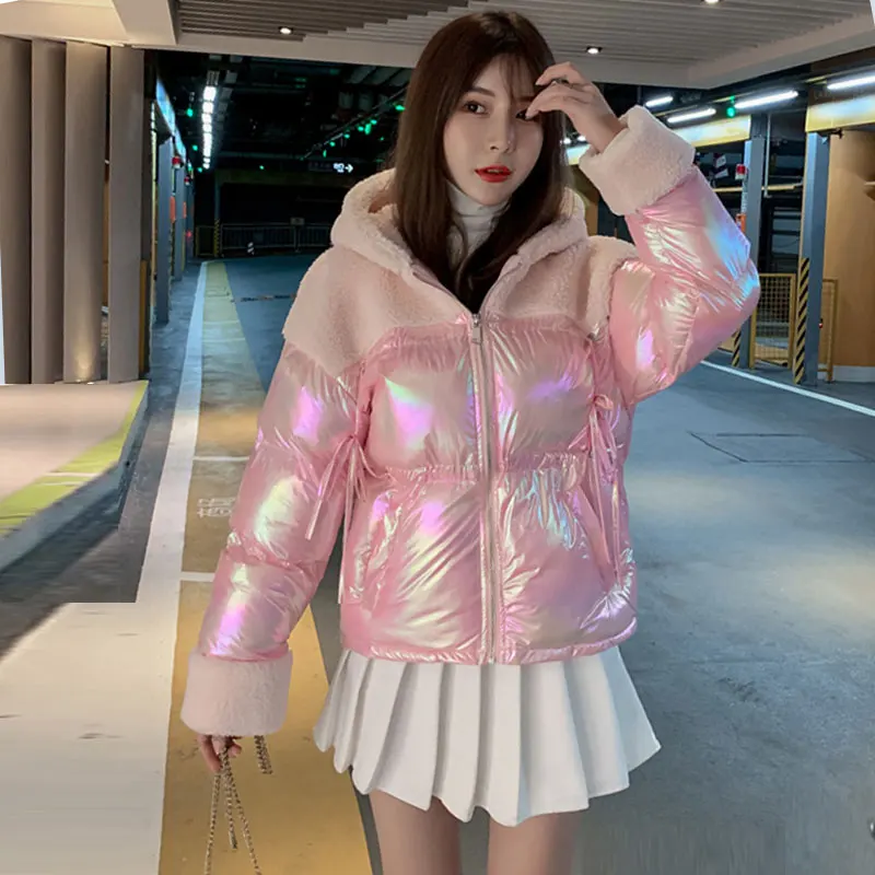 pink Пуховое хлопковое пальто женское Новогоднее корейское зимнее студенческое Яркое пальто женский толстый мех ягненка сшивание с капюшоном теплая куртка 87 - Цвет: pink