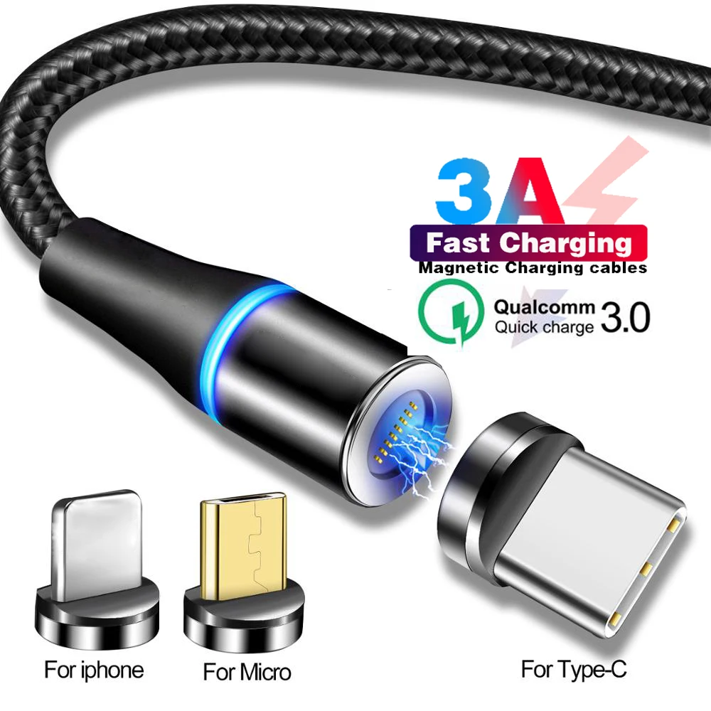 

3A Magnetic USB Cable Micro USB Type C 8 Pin Quick Charge 3.0 QC 3.0 Fast Charging Charger Cable for Samsung Xiaomi Redmi Huawei