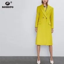 ROHOPO V воротник с лацканами двойные нагрудные пуговицы желтое пальто средней длины Зазубренное женское однотонное элегантное осенне-зимнее пальто#2566