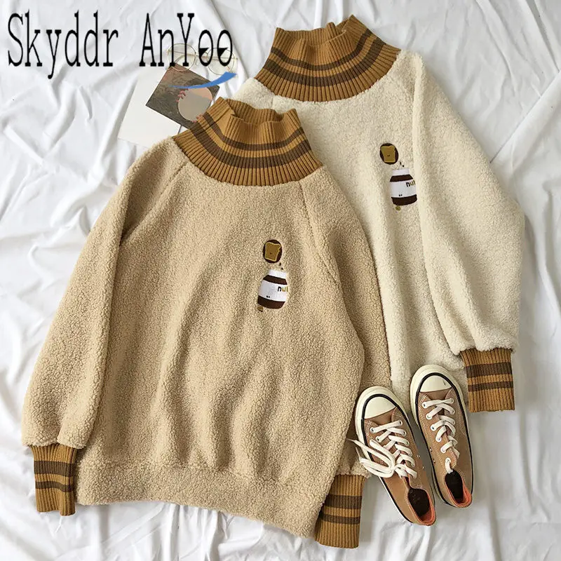 

Fluffly Hoodies Women Autumn Winter Turtleneck Cartoon Embroidery Simple Casual Kawaii Pullover Plush Sweatshirt Women Clothing