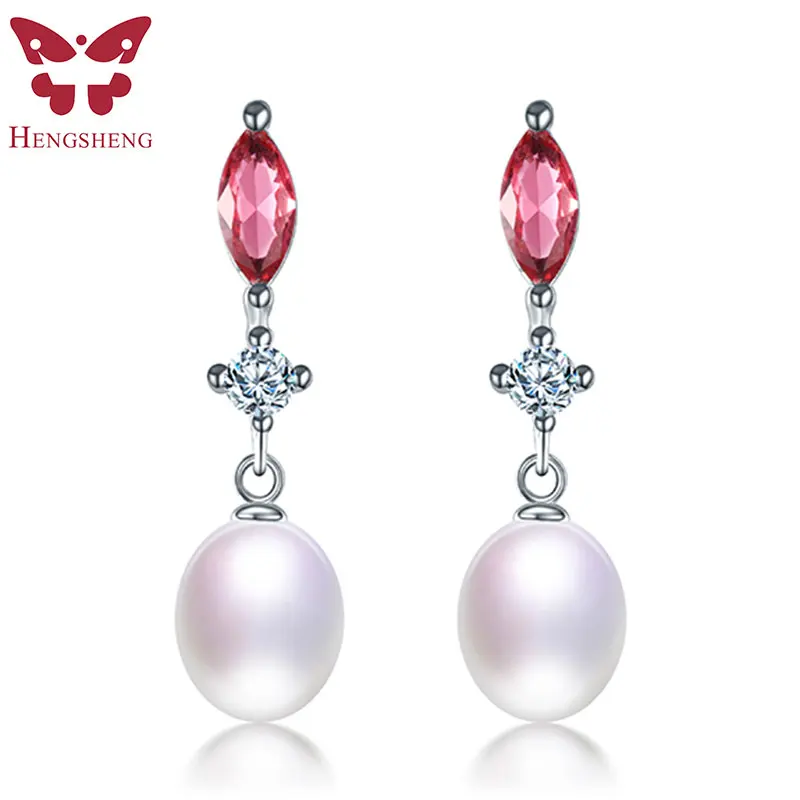 HENGSHENG 2017 New 925 Sterling Silver Women Dangle Earrings For Girlfriend Gift 8-9mm AAAA Freshwater Pearl with red crystal | Украшения и