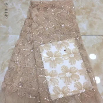 

2020 high quality French Nigerian sequins net lace,African tulle mesh sequence lace fabric for party dress 5yards/lot Gold
