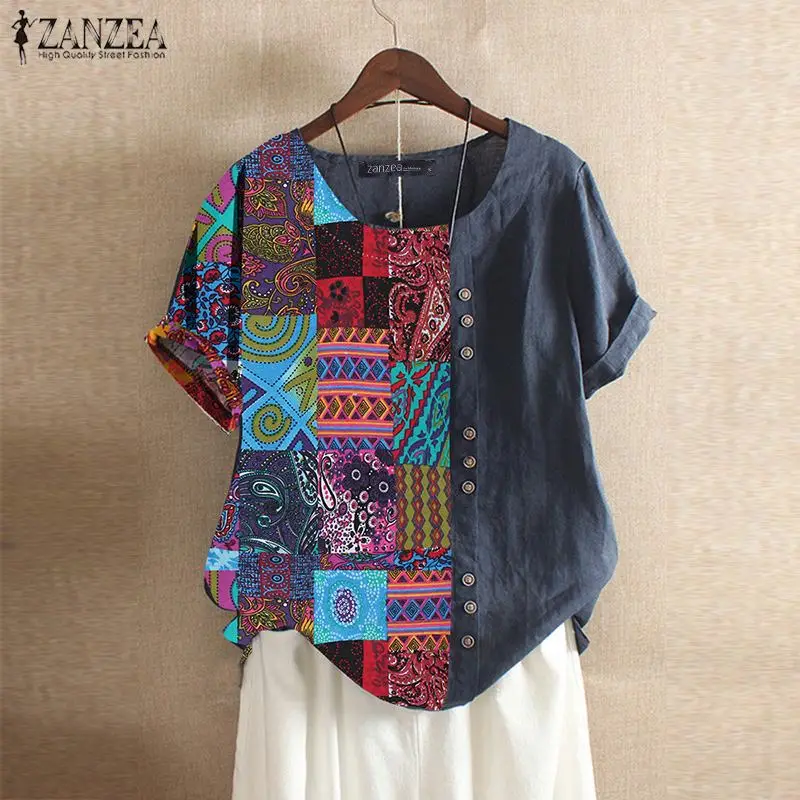 

ZANZEA Summer Tops Women Vintage Floral Printed Blouse Short Sleeve Pacthwork Shirts Femininas Cotton Linen Blusas Chemise Femme
