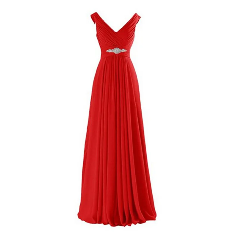 A Line Chiffon V Neck Crystals Eegant Off-Shoulder Formal Prom Wedding Party Bridesmaid Dresses Robe De Soiree Zipper Back