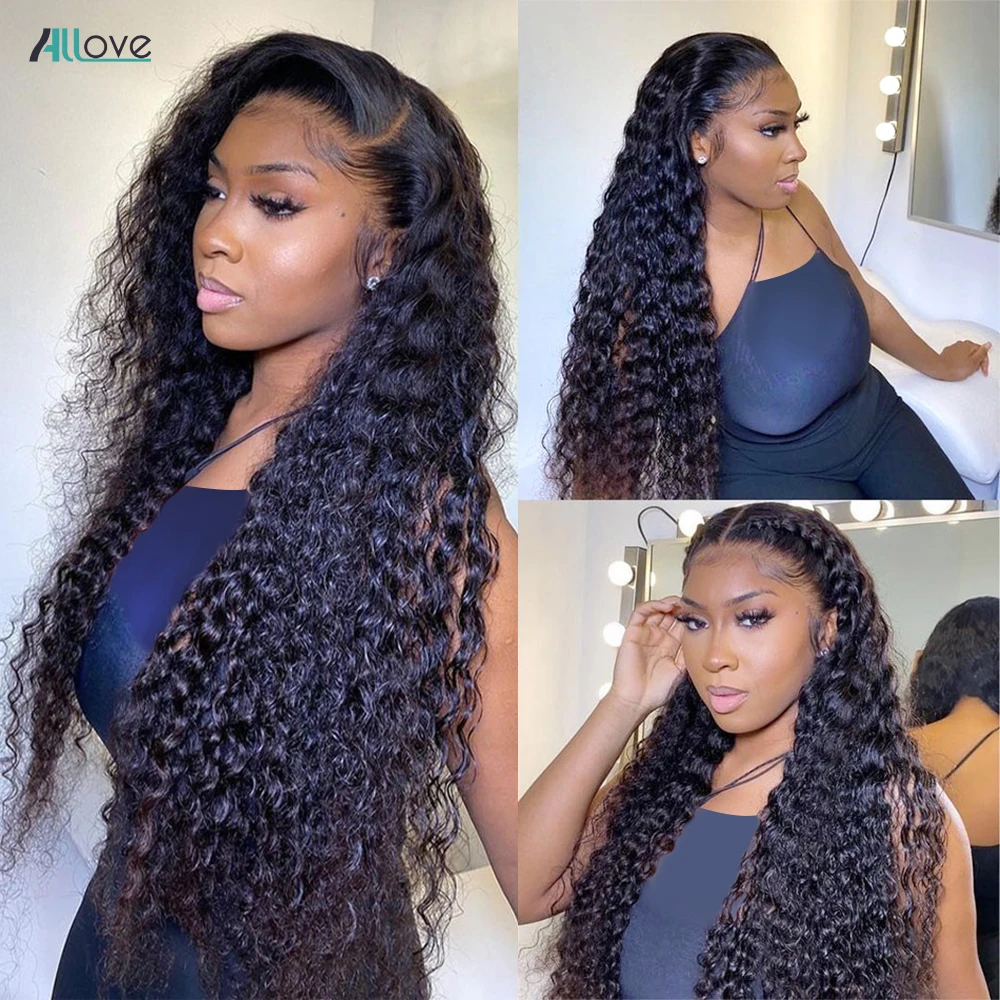 Allove Deep Wave Lace Frontal Wig 13x4 13x6 Transparent Lace Front Wig PrePlucked Brazilian Deep Curly Human Hair Wigs For Women