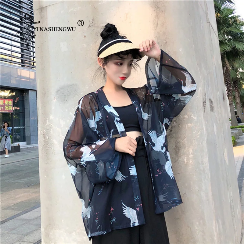 Asia Japanese Kimono Women Printed Thin Kimono Jacket Bat Sleeve Summer Coat Transparent Jackets Cosplay Costume Kimono Cardigan