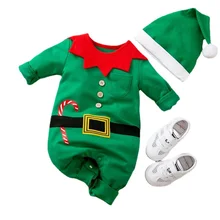 Disfraz de Navidad para bebé, pelele verde para niños y niñas, monos de manga larga + sombreros, 2 piezas, prendas de vestir para recién nacidos de 0 a 24M
